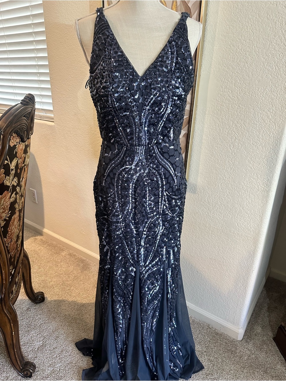Sequined Navy V-Neck Evening Gown for Women